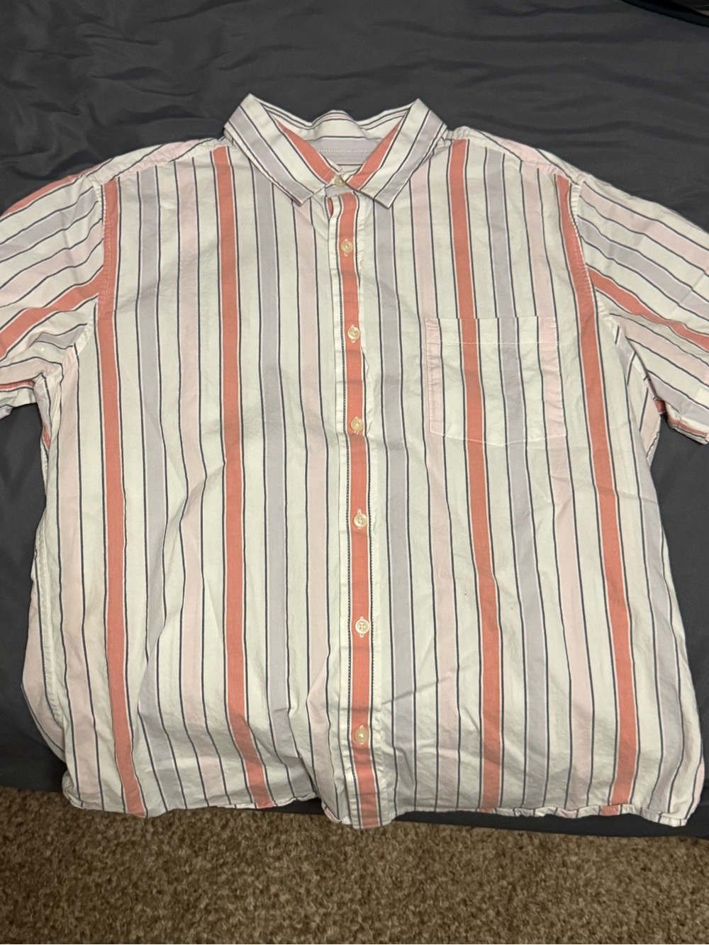 Goodfellow & Co White Button-Down Shirt with Coral and Navy Stripes